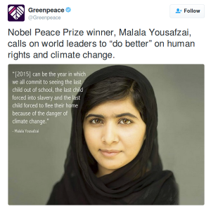 Bild von Friedensnobelpreisträgerin Malala, die sich über Klimawandel beklagt. Publiziert von Greenpeace